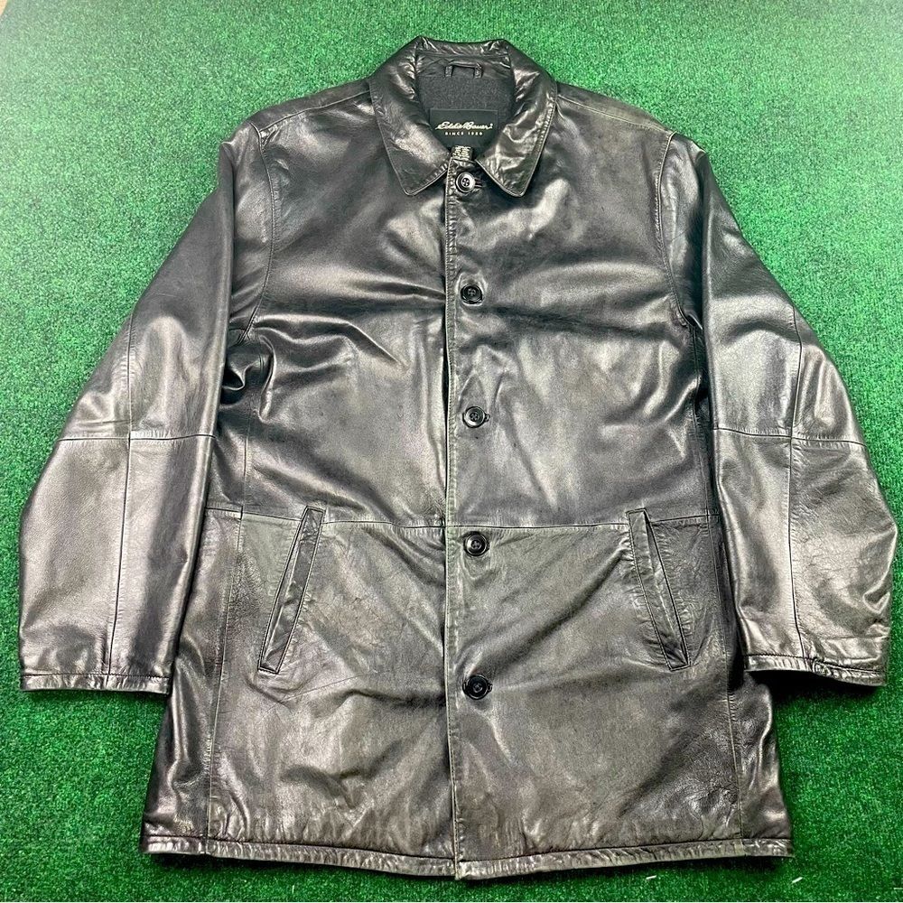Men's Eddie Bauer Black Soft Lamb Leather Zip Up Jacket Wool Lined Size Large